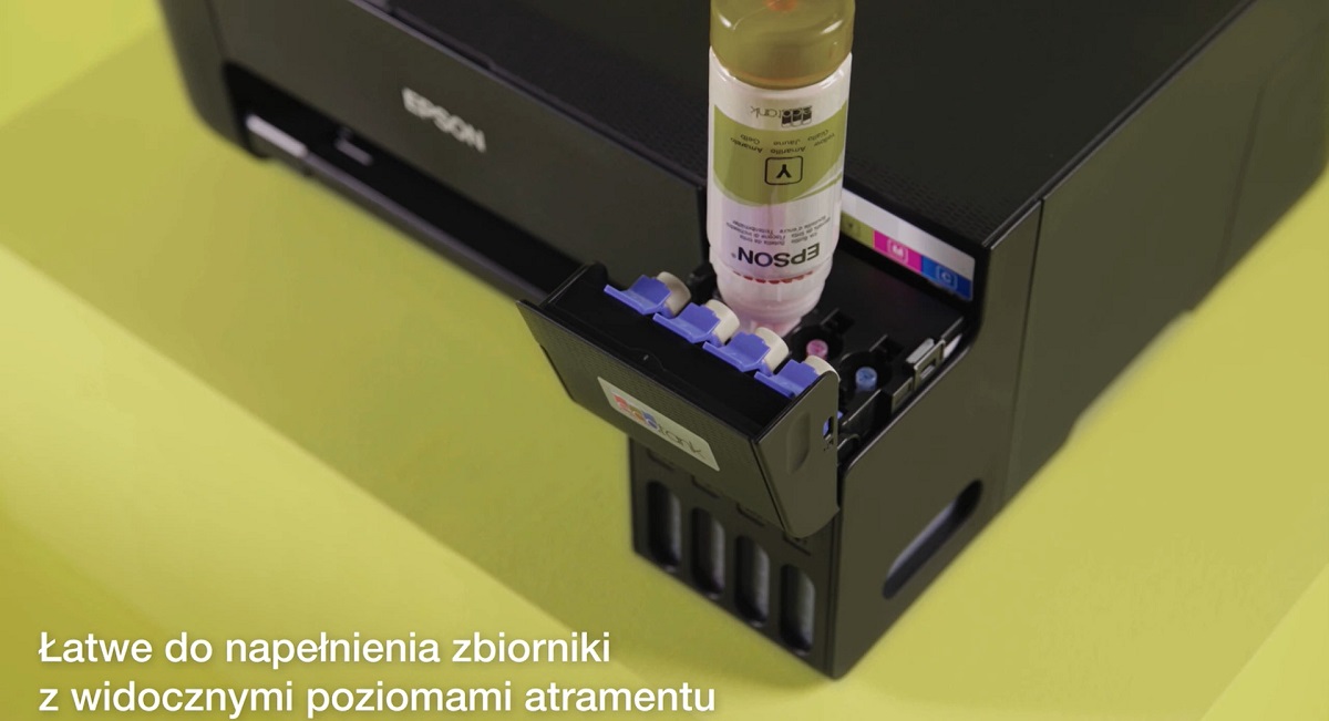 Drukarka atramentowa Epson EcoTank L1270 Wi-Fi grafika przedstawia napełnianie drukarki atramentem